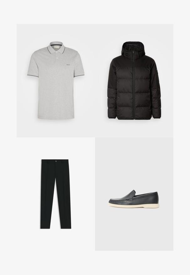 La chaqueta acolchada negra tiene un cierre de cremallera, capucha, secciones acolchadas y puños elásticos, hecha de un material suave y resistente al agua.; Camisa polo gris hecha de una tela suave, con una tapeta de dos botones, detalles en azul marino en el cuello y las mangas, y un discreto bordado de logotipo.; Pantalones de vestir negros con un diseño de pierna recta, hechos de una tela suave. Cuentan con un cierre frontal de botón y lazos para cinturón. Liso, sin patrones.; Mocasines de piel negra sin cordones con un acabado texturizado y una suela de goma beige en contraste. Presentan un sutil acento en la parte frontal.