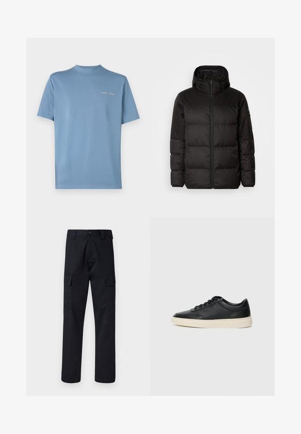 A jaqueta puffer preta apresenta um fecho zip, um capuz, secções acolchoadas e punhos elásticos, confeccionada em um material liso e resistente à água.; T-shirt de manga curta com decote redondo em algodão azul suave. Apresenta texto de logotipo branco minimalista na frente, costuras planas e um ajuste regular.; Calças cargo pretas feitas de tecido resistente, com corte de perna direita, dois bolsos laterais e fecho de botão na cintura.; Sapatilha preta de cano baixo em pele com atacadores pretos e sola off-white, apresentada em perfil lateral sobre fundo branco.