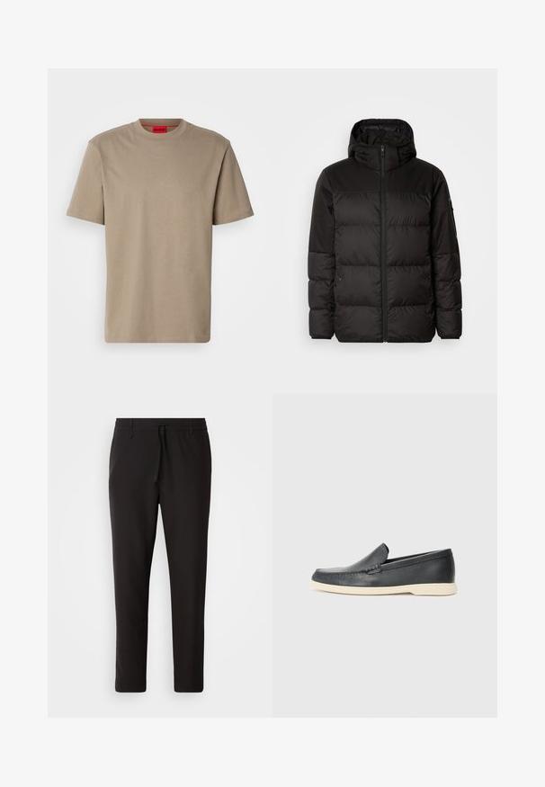 A jaqueta puffer preta apresenta um fecho zip, um capuz, secções acolchoadas e punhos elásticos, confeccionada em um material liso e resistente à água.; T-shirt de algodão bege com decote redondo, mangas curtas e um discreto logótipo em relevo no centro. Apresenta uma etiqueta interna vermelha.; Calças de jogging pretas feitas de tecido liso. Apresentam uma cintura elástica com cordão, pernas ligeiramente ajustadas e sem bolsos visíveis. Design simples.; Mocassins pretos em couro com acabamento texturizado e sola de borracha bege em contraste. Apresenta um detalhe subtil na parte da frente.