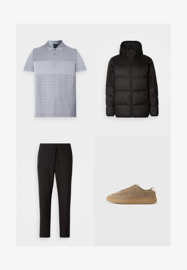 Černá péřová bunda má zipový uzávěr, kapuci, prošívané části a elastické manžety, vyrobená z hladkého, voděodolného materiálu.; Svetle šedé polo tričko se vzorem mřížky, dvouknoflíkovou légou a kulatým logem. Vyrobeno z hladkého a prodyšného materiálu.; Černé teplákové kalhoty vyrobené z hladké látky. Mají elastický pas se šňůrkou, zúžené nohavice a žádné viditelné kapsy. Jednoduchý design.; Semišové tenisky ve světle hnědé barvě s gumovou podrážkou. Mají šněrovací design a minimalistický styl, který umocňuje bílá patka.