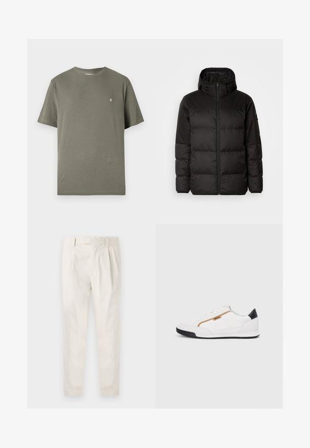Geacă puffer neagră cu închidere cu fermoar, glugă, secțiuni quilted și manșete elastice, realizată dintr-un material neted, rezistent la apă.; Tricou din bumbac de culoare verde măsliniu, cu guler rotund, mâneci scurte și un mic logo alb pe piept. Design simplu și fără adornamente.; Pantaloni albi plisati, cu o croială ajustată, având o textură netedă, bucle pentru curea și picioare conice. Fără buzunare vizibile sau modele.; Adidași albi cu detalii din plasă și piele. Prezintă un logo auriu "BOSS", panouri laterale texturate și un capac pentru călcâi negru. Talpă din cauciuc.