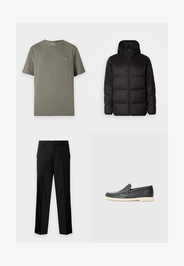 Musta puhvijakku sisältää vetoketjun, hupun, tilkuista koostuvia osioita ja joustavat hihansuut. Se on valmistettu sileästä, vedenpitävästä materiaalista.; Vihreä puuvillapaita, jossa on pyöreä kaula-aukko, lyhyet hihat ja pieni valkoinen logo rinnassa. Yksinkertainen, koristamaton muotoilu.; Mustat räätälöidyt housut suoran leikkauksen kanssa, joissa on nappisulku, vetoketjulahje ja vyölenkit. Sileä kangas ja sivutaskut.; Mustat nahkakengät ilman nauhoja, joissa on teksturoitu pinta ja kontrastoiva beige kumipohja. Kengissä on hillitty yksityiskohta etuosassa.