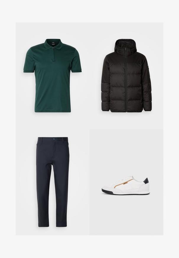 La chaqueta acolchada negra tiene un cierre de cremallera, capucha, secciones acolchadas y puños elásticos, hecha de un material suave y resistente al agua.; BOSS PARAS - Polo - open green; Pantalones de traje azul marino, confeccionados en una tela suave, con un bolsillo con cremallera, perneras rectas y un cierre de botón en la cintura.; Zapatillas deportivas blancas con acentos de malla y cuero. Presentan un logotipo dorado de "BOSS", paneles laterales texturizados y una tapa de talón negra. Suela de goma.
