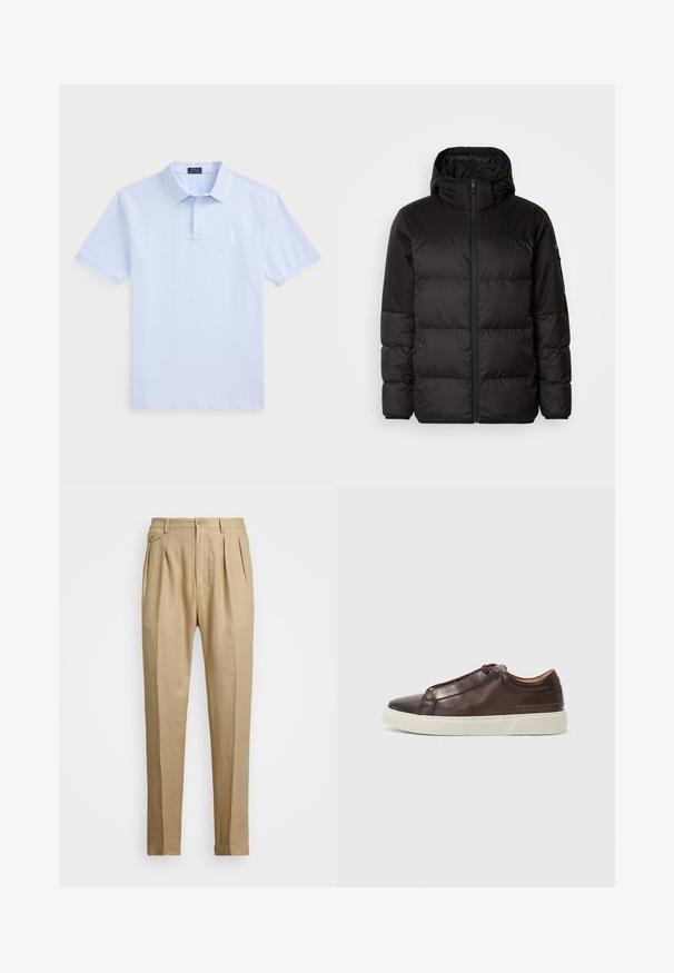 A jaqueta puffer preta apresenta um fecho zip, um capuz, secções acolchoadas e punhos elásticos, confeccionada em um material liso e resistente à água.; Camisa polo de algodão azul claro com mangas curtas, colarinho clássico, detalhes brancos e um pequeno logo no lado esquerdo do peito.; Calças de linho bege com corte reto, apresentando dois plissados frontais, fecho com botão e bolsos laterais. Tecido texturizado com um acabamento suave.; Sapatilha de couro castanho com bico arredondado, sola de borracha branca em contraste, detalhes costurados e sem atacadores visíveis. Textura lisa em todo o conjunto.