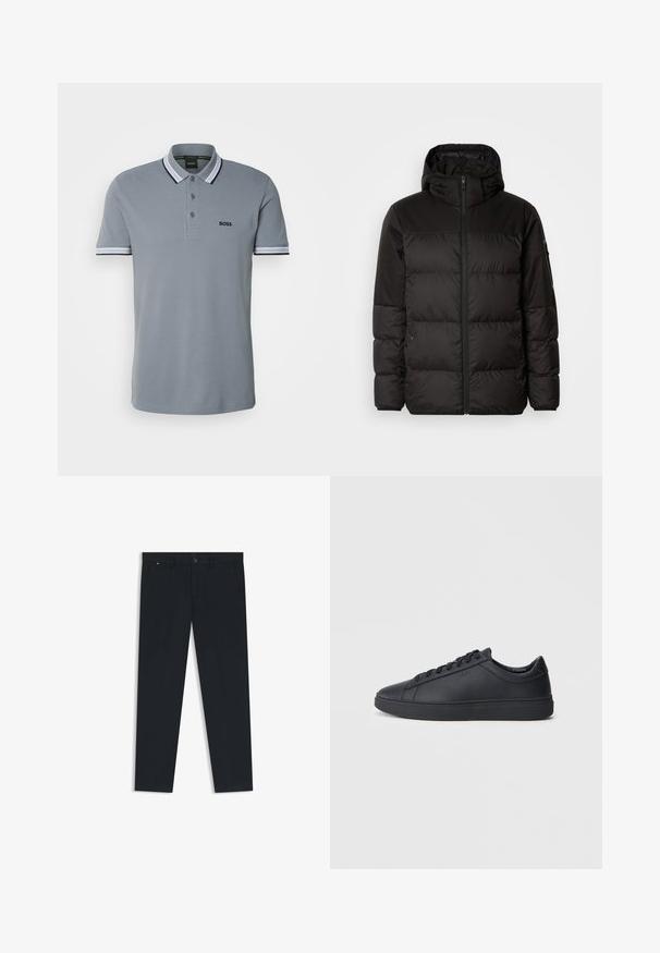 Svart puffjacka med blixtlås, huva, quiltade sektioner och elastiska mudd, tillverkad av ett slätt, vattentåligt material.; BOSS PADDY - Piké - grey; Herrens mörkblå byxor i lättviktsmaterial. Har knappstängning, bälteshällor och två sidofickor. Rakt ben-design.; Svarta sneakers i slätt läder med låg design, rund tå och platt gummisula. Har snörning och subtil branding.