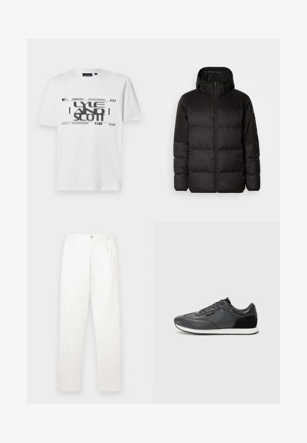 Μαύρο μπουφάν με φερμουάρ, κουκούλα, παραγεμισμένα τμήματα και ελαστικές μανσέτες, κατασκευασμένο από λείο, αδιάβροχο υλικό.; Μαύρη βαμβακερή μπλούζα με λευκό γραφικό κείμενο που απεικονίζει ποδοσφαιρικές σχηματισμούς και τακτικούς όρους. Στρογγυλή λαιμόκοψη και κοντά μανίκια.; Λευκά παν trousers κατασκευασμένα από μαλακό ύφασμα, με ευθεία σχεδίαση, πτυχές μπροστά και κλείσιμο με ένα κουμπί στη μέση.; Μαύρα αθλητικά παπούτσια με δερμάτινο επάνω μέρος και διάτρητες λεπτομέρειες, suede accents και λευκή καουτσούκ σόλα. Κλασικός σχεδιασμός με κορδόνια.