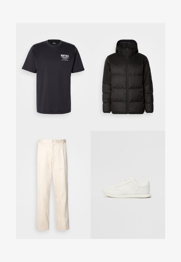 A jaqueta puffer preta apresenta um fecho zip, um capuz, secções acolchoadas e punhos elásticos, confeccionada em um material liso e resistente à água.; T-shirt de algodão preto com mangas curtas, gola redonda e impressão no peito com "mnc" e detalhes de contato em branco. Design de ajuste clássico.; Calças de algodão bege com corte reto, apresentando um fecho de botão e pregas na frente para um detalhe adicional.; Sapatilha branca com parte superior em malha e sintético, bico arredondado, atacadores planos e uma faixa lateral texturizada. Sola em borracha com uma alça na parte de trás.