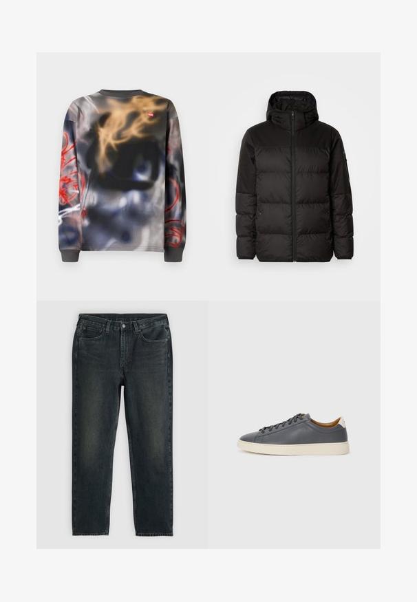 A jaqueta puffer preta apresenta um fecho zip, um capuz, secções acolchoadas e punhos elásticos, confeccionada em um material liso e resistente à água.; Sweatshirt de manga comprida com decote redondo e design abstrato em estilo graffiti nas cores preto, bege, azul e tons de vermelho, com um pequeno logótipo Diesel vermelho.; Jeans de denim azul-escuro com corte reto, apresentando cinco bolsos, fecho de zip e costura em contraste. Desgaste sutil no tecido.; Sapatilha de couro cinza com biqueira redonda, sola de borracha, atacadores planos e detalhes de cor clara no calcanhar. Textura suave e design minimalista.