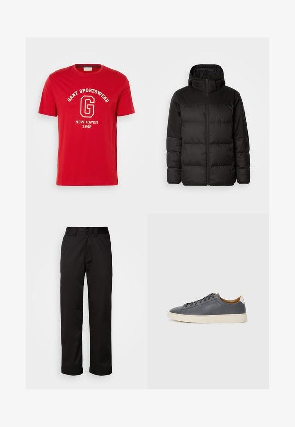 Crna puf jakna ima zatvaranje na zip, kapuljaču, kviltane dijelove i elastične manžete, izrađena je od glatkog, vodootpornog materijala.; Crvena majica kratkih rukava od pamuka, s bijelim natpisom "GANT SPORTSWEAR" i "NEW HAVEN 1949" u klasičnom fontu.; Crne hlače od glatkog materijala, s patentnim zatvaračem, kopčanjem na gumb i preklopljenim manžetama za ležeran izgled.; Sivi kožni tenisice s okruglim vrhom, gumeni potplat, ravne vezice i svijetlo obojeni detalji na peti. Glatka tekstura i minimalistički dizajn.