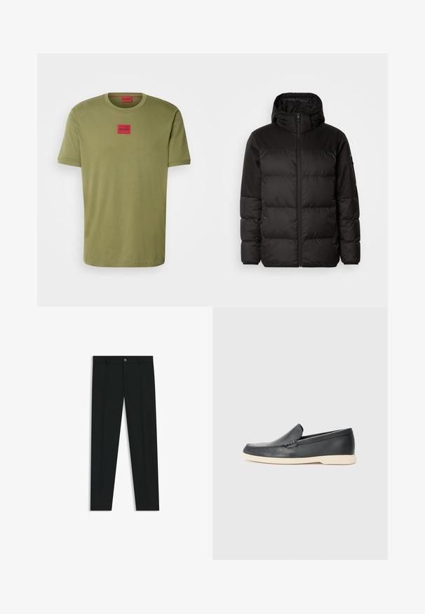 Black puffer jacket features a zip closure, a hood, quilted sections, and elastic cuffs, made from a smooth, water-resistant material.; HUGO DIRAGOLINO - Basic T-shirt - open green; Black dress pants with a straight-leg design, made of smooth fabric. Features a front button closure and belt loops. Plain without patterns.; Black leather slip-on loafers with a textured finish and a contrasting beige rubber sole. Features a subtle accent along the front.