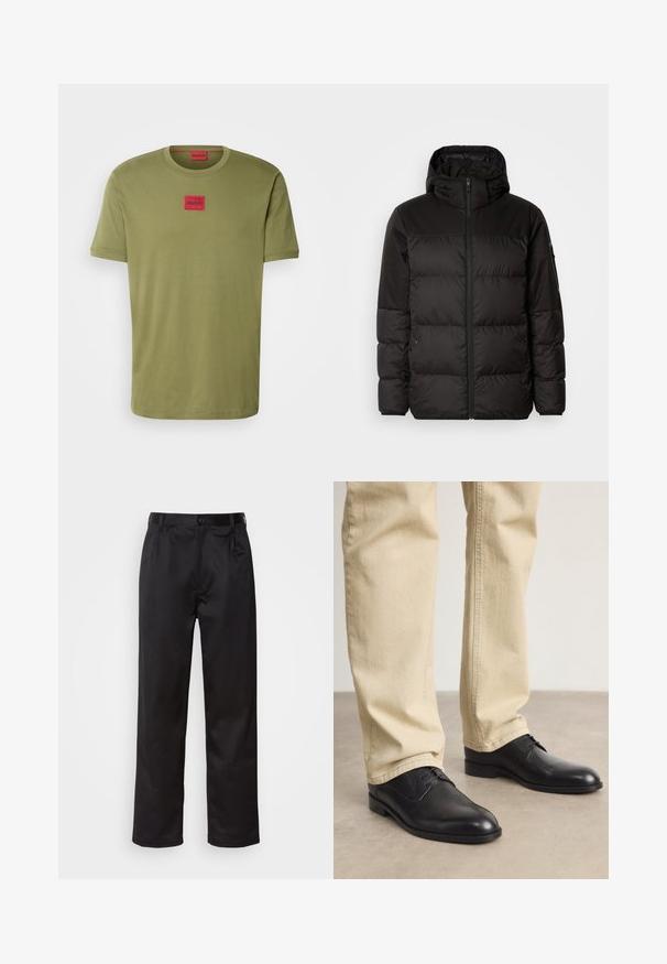 La chaqueta acolchada negra tiene un cierre de cremallera, capucha, secciones acolchadas y puños elásticos, hecha de un material suave y resistente al agua.; HUGO DIRAGOLINO - Camiseta básica - open green; Pantalones negros de tela suave, con cierre delantero de botón, pliegues y patas rectas. Sin patrones ni acentos visibles.; Zapatos de cuero negro con cordones, puntera redondeada, acabado suave y sutiles detalles de costura, combinados con pantalones de color beige claro.