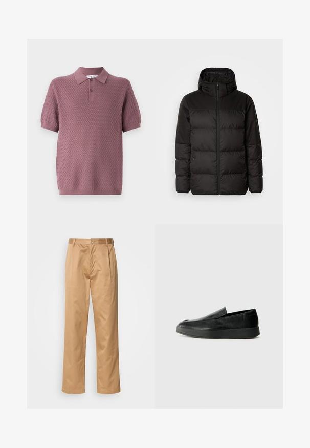 Schwarze Pufferjacke mit Reißverschluss, Kapuze, gesteppten Abschnitten und elastischen Bündchen, hergestellt aus einem glatten, wasserabweisenden Material.; Kurzarm-Polohemd in Mauve mit einem strukturierten Zickzackmuster, einem spitzen Kragen und zwei Knöpfen an der Knopfleiste. Weiches Strickmaterial.; Khaki-Hosen aus Baumwollmischung, im geraden Schnitt, mit Vorderfalten, Gürtelschlaufen und Knopfverschluss. Glatte Textur ohne Muster.; Calvin Klein HYBRID CUP - Slipper - triple black