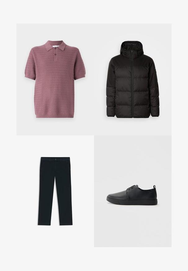 Schwarze Pufferjacke mit Reißverschluss, Kapuze, gesteppten Abschnitten und elastischen Bündchen, hergestellt aus einem glatten, wasserabweisenden Material.; Kurzarm-Polohemd in Mauve mit einem strukturierten Zickzackmuster, einem spitzen Kragen und zwei Knöpfen an der Knopfleiste. Weiches Strickmaterial.; Dunkelblaue Chinos aus einer Baumwollmischung. Merkmale sind Gürtelschlaufen, Vordertaschen und ein Reißverschluss mit Knopfverschluss.; Schwarze Leder-Sneaker mit glatter Oberfläche, abgerundeter Zehenpartie, gleichfarbiger Nähte, schnürbarem Vorderteil und flacher Gummisohle. Schlaufe an der Ferse.