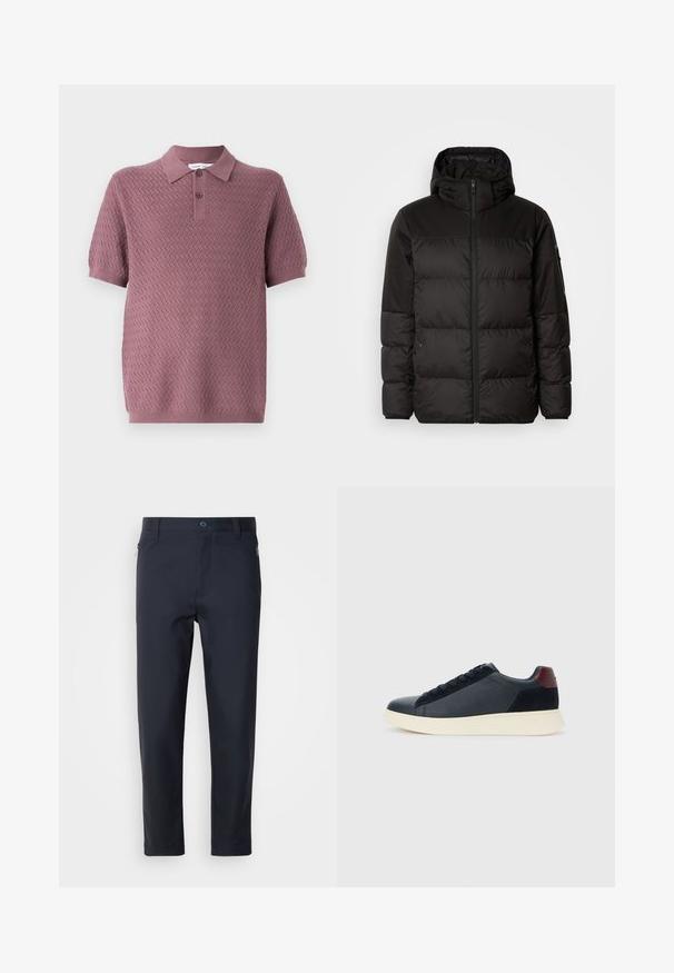 A fekete steppelt dzseki cipzáros záródással, kapucnival, steppelt részekkel és rugalmas mandzsettákkal rendelkezik, sima, vízálló anyagból készült.; Rövid ujjas pólóing mályva színben, texturált cikk-cakk mintázattal, hegyes gallérral és két gombbal az elején. Puha kötött anyag.; Sötétkék, sima anyagból készült, testre szabott nadrág, cipzáros zsebbel, egyenes lábakkal és gombos záródással a derék részen.; Fekete bőr és velúr alacsony szárú férfi sneaker, bordó sarokpanellel és fehér gumi talppal, oldalnézetből.