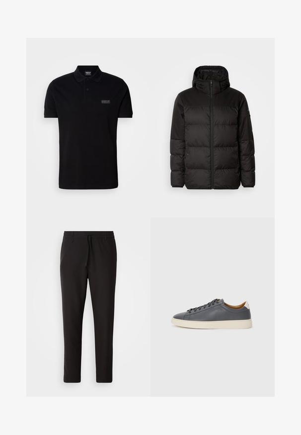 A fekete steppelt dzseki cipzáros záródással, kapucnival, steppelt részekkel és rugalmas mandzsettákkal rendelkezik, sima, vízálló anyagból készült.; Fekete pólóing, pamutból készült, gallérral, két gombbal, rövid ujjú, és kicsi márka-logóval a mellkason.; Fekete jogger nadrág sima anyagból. Rugalmas derekú, húzózsinórral, tapered lábakkal és látható zsebek nélkül készül. Egyszerű dizájn.; Szürke bőr sportcipő kerek orral, gumitalppal, lapos fűzőkkel és világos színű részletekkel a sarkán. Simás textúrával és minimalista dizájnnal rendelkezik.