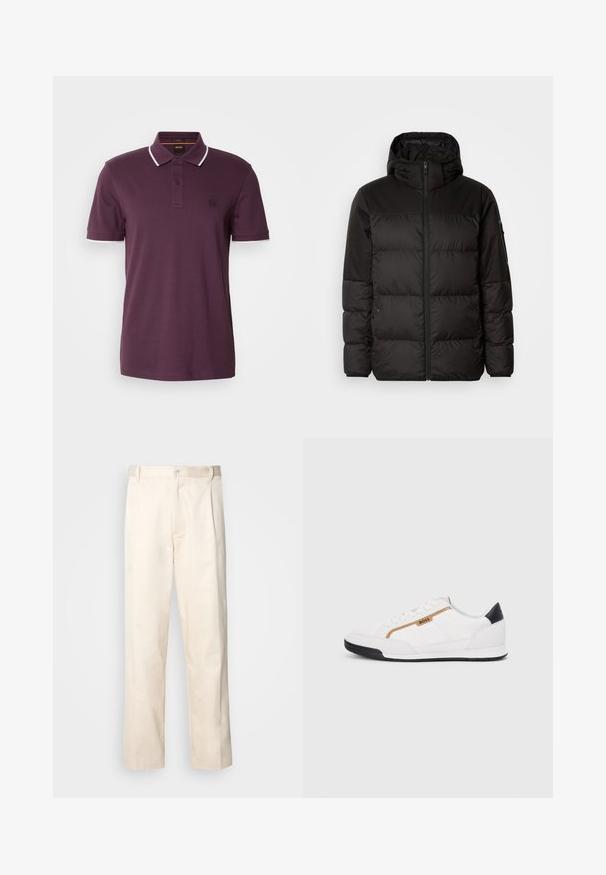 La doudoune noire est dotée d'une fermeture éclair, d'une capuche, de sections matelassées et de poignets élastiques, fabriquée à partir d'un matériau lisse et résistant à l'eau.; Polo shirt violet foncé avec une patte de boutonnage à deux boutons, des accents blancs sur le col et les manches, et un petit patch logo sur la poitrine.; Pantalon en coton beige avec une coupe droite, présentant une fermeture à bouton et des plis sur le devant pour plus de détails.; Baskets blanches avec des accents en maille et en cuir. Caractéristiques d'un logo "BOSS" doré, de panneaux latéraux texturés et d'un capuchon de talon noir. Semelle en caoutchouc.