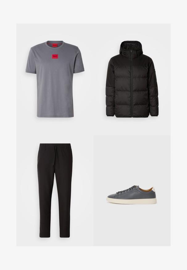 La chaqueta acolchada negra tiene un cierre de cremallera, capucha, secciones acolchadas y puños elásticos, hecha de un material suave y resistente al agua.; Camiseta gris de manga corta hecha de algodón, con un pequeño logo rectangular rojo con "HUGO" centrado en el pecho. Cuello redondo.; Pantalones de chándal negros de tejido suave. Cuentan con una cintura elástica con cordón, piernas ajustadas y sin bolsillos visibles. Diseño sencillo.; Zapatilla de cuero gris con puntera redonda, suela de goma, cordones planos y acentos de color claro en el talón. Textura suave y diseño minimalista.