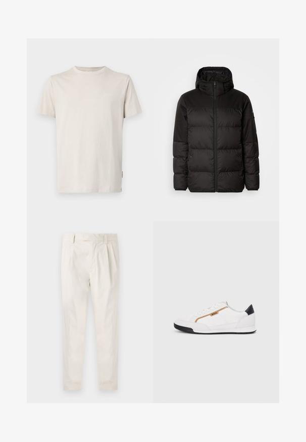 Zwarte pufferjas met ritsluiting, een capuchon, gequiltte secties en elastische manchetten, gemaakt van een glad, waterafstotend materiaal.; JOOP! Jeans ALPHIS - T-shirt basic - open beige; Witte, geplooide broeken met een getailleerde pasvorm, met een gladde textuur, riemlussen en taps toelopende benen. Geen zichtbare zakken of patronen.; Witte sportieve schoenen met gaas- en lederen accenten. Voorzien van een gouden "BOSS" logo, gestructureerde zijpanelen en een zwarte hakkap. Rubberen zool.