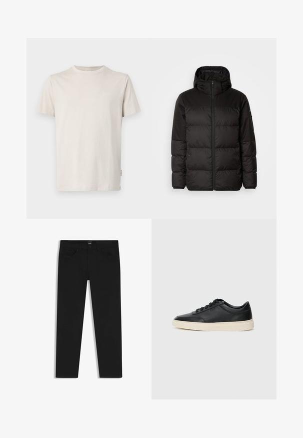 Svart puffjacka med blixtlås, huva, quiltade sektioner och elastiska mudd, tillverkad av ett slätt, vattentåligt material.; JOOP! Jeans ALPHIS - T-shirt - bas - open beige; Svarta denimbyxor med rak passform, med en standard midja, fem fickor och knäppning med knapp. Slät yta genomgående.; Svart låg skor i läder med svarta snören och off-white sula, visas i sidoprofil på vit bakgrund.