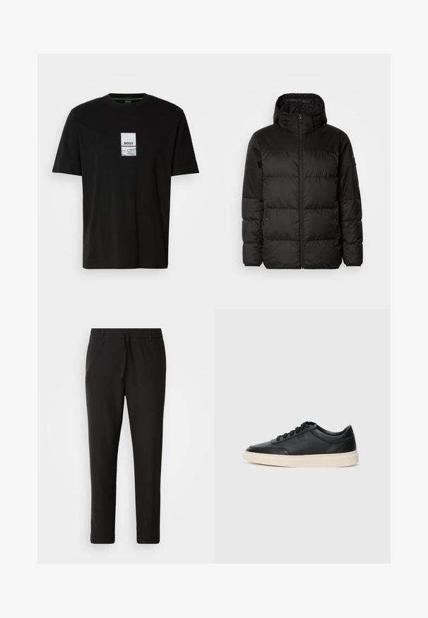Melna pūkainā jakā iezīmes ir rāvējslēdzēja aizdare, kapuce, kvadrātveida šuves un elastīgas aproces, izgatavota no gludas, ūdensizturīgas vielas.; Melnas kokvilnas T-krekls ar īsām piedurknēm, ar taisnstūra grafisko dizainu, kurā ir balts teksts "BOSS" un smalki akcenti.; Melnas sporta bikses no gludas auduma. Tām ir elastīga josta ar auklu, sašaurinātas kājas un nav redzamu kabatu. Vienkāršs dizains.; Melnas zemas ādas sporta kurpes ar melnām auklām un off-white zoli, rādītas no sānu profila uz baltā fona.