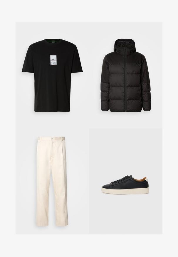 A jaqueta puffer preta apresenta um fecho zip, um capuz, secções acolchoadas e punhos elásticos, confeccionada em um material liso e resistente à água.; T-shirt de algodão preto com mangas curtas, apresentando um design gráfico retangular com o texto "BOSS" em branco e detalhes subtis.; Calças de algodão bege com corte reto, apresentando um fecho de botão e pregas na frente para um detalhe adicional.; Tenis de couro preto com uma textura suave, sola de borracha bege, design de atar e um destaque no calcanhar em contraste.