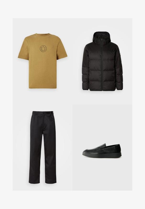 Schwarze Pufferjacke mit Reißverschluss, Kapuze, gesteppten Abschnitten und elastischen Bündchen, hergestellt aus einem glatten, wasserabweisenden Material.; Kurzarm-T-Shirt aus Senfgelb mit rundem Halsausschnitt. In der Mitte befindet sich ein einfaches schwarzes Smiley-Logo. Weiche Textur.; Schwarze Hosen aus glattem Stoff, mit einem Knopfverschluss vorne, Falten und geraden Beinen. Keine sichtbaren Muster oder Akzente.; Calvin Klein HYBRID CUP - Slipper - triple black