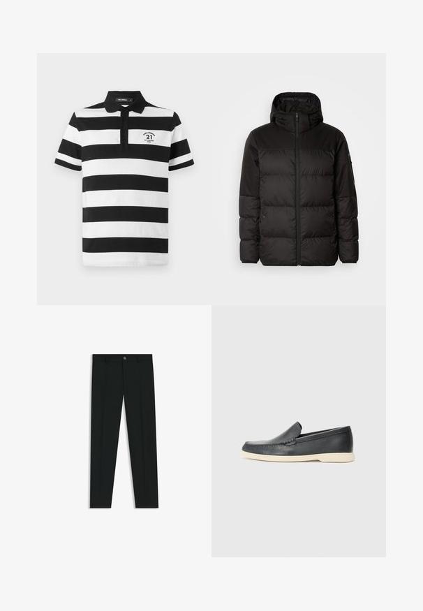 Svart puffjacka med blixtlås, huva, quiltade sektioner och elastiska mudd, tillverkad av ett slätt, vattentåligt material.; Svart och vit randig polo skjorta med krage, treknapps knappslå och en liten logotyp med "21" och "PARIS" på vänster bröst.; Svarta dressbyxor med rak bendesign, gjorda av ett mjukt tyg. Har stängning med frontknapp och bälteshällor. Enfärgade utan mönster.; Svarta läder slip-on loafers med en texturerad yta och en kontrasterande beige gummisula. Har en subtil accent längs fram.