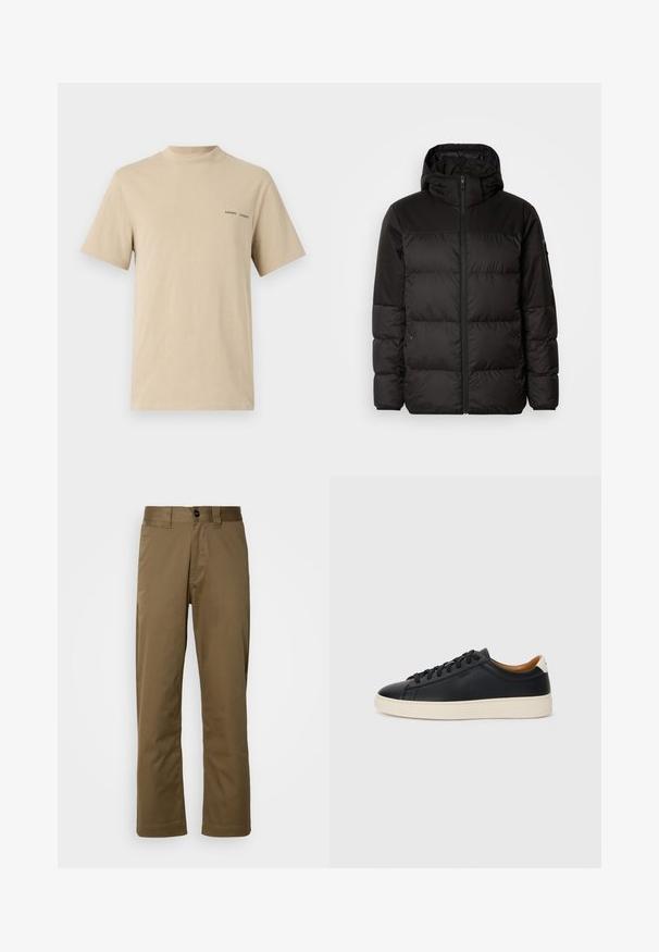 Mustikas puffer-jakk sisaldab tõmblukku, kapuutsi, tikandiga osi ja elastseid mansette, valmistatud siledast veekindlast materjalist.; Beige puuvillane T-särk ümmarguse kaeluse ja lühikeste varrukatega. Rinnal on subtilne must "SAMSOE" teksti logo.; Pruunid sirged püksid, mis on valmistatud kudumiskangast. Omavad nööpide sulgemist, külgtaskuid ja siledat tekstuuri. Täpselt sobiv lõige.; Mustad nahast tennised sujuva pindadega, beež kummist tallaga, paelaga kinnitamine ja kontrastse kanna aktsendiga.