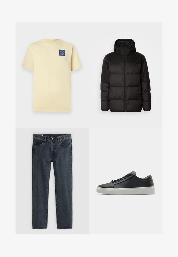 Černá péřová bunda má zipový uzávěr, kapuci, prošívané části a elastické manžety, vyrobená z hladkého, voděodolného materiálu.; Krátký rukáv, žluté bavlněné tričko s modrým čtvercovým logem s nápisem "cK" na levé části hrudi. Klasický design s kulatým výstřihem.; Tmavě modré džíny s rovnými nohavicemi, pěti kapsami a zapínáním na knoflíky. Tkanina vykazuje jemné blednutí a texturu.; Černé kožené tenisky s hladkým povrchem, kulatou špičkou a černými šňůrkami. Disponují silnou bílou gumovou podrážkou s jemnými geometrickými akcenty.