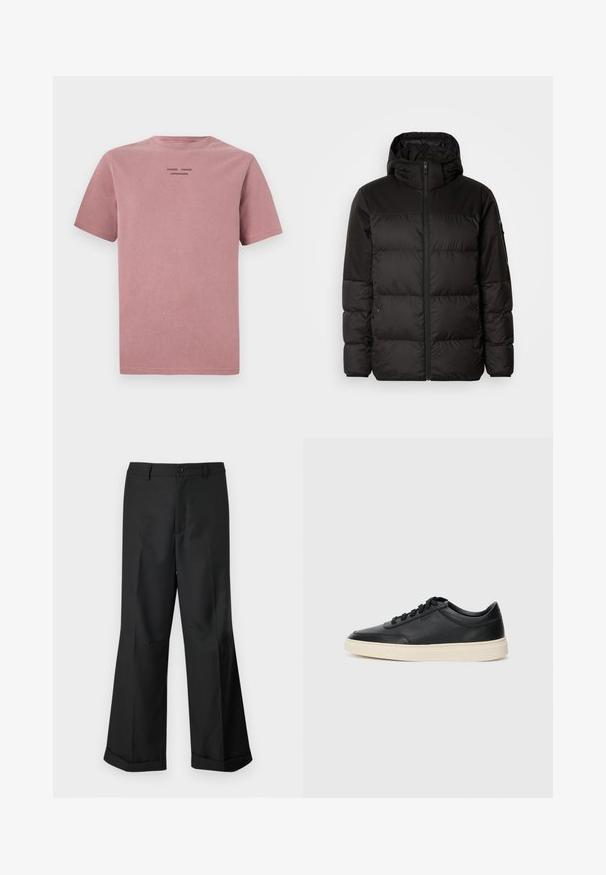 Crna puf jakna ima zatvaranje na zip, kapuljaču, kviltane dijelove i elastične manžete, izrađena je od glatkog, vodootpornog materijala.; T-shirt kratkih rukava u boji prašnjate ruže, izrađen od mekanog pamuka. Ima okrugli izrez i mali crni logo na leđima. Jednostavan dizajn.; Crne široke hlače s pojasom na dugmi i manžetama, prikazane na jednostavnoj bijeloj pozadini.; Crne niske kožne tenisice s crnim vezicama i kremasto bijelom potplatom prikazane u bočnom profilu na bijeloj pozadini.