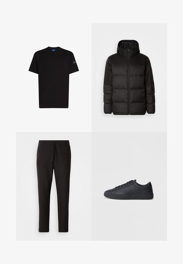 Juodas pūkinis švarkas turi užtrauktuką, gobtuvą, siūlinčius skyrius ir elastinius rankogalius, pagamintas iš lygaus, vandeniui atsparaus medžiagos.; Juodas medvilninis marškinėliai trumpomis rankovėmis, apvaliu iškirpimu ir mažo ženklo akcentu kairėje rankovėje. Lygus paviršius, standartinio kirpimo.; Juodi džinsai, pagaminti iš lygaus audinio. Yra elastinė juosmens juosta su raišteliu, siaurėjantys džinsai, be matomų kišenių. Paprastas dizainas.; Juodi sportbačiai, pagaminti iš lygaus odos, su žemu dizainu, apvalia nosimi ir plokščiu guminiu padu. Yra raišteliai ir subtilus ženklinimas.