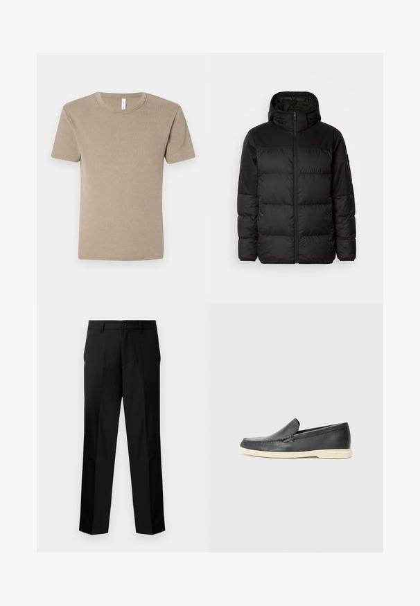 Black puffer jacket features a zip closure, a hood, quilted sections, and elastic cuffs, made from a smooth, water-resistant material.; Brown, short-sleeved T-shirt made of soft cotton. Features a crew neckline and a simple design without patterns or embellishments.; Black tailored trousers with a straight cut, featuring a button closure, zip fly, and belt loops. Smooth fabric with side pockets.; Black leather slip-on loafers with a textured finish and a contrasting beige rubber sole. Features a subtle accent along the front.