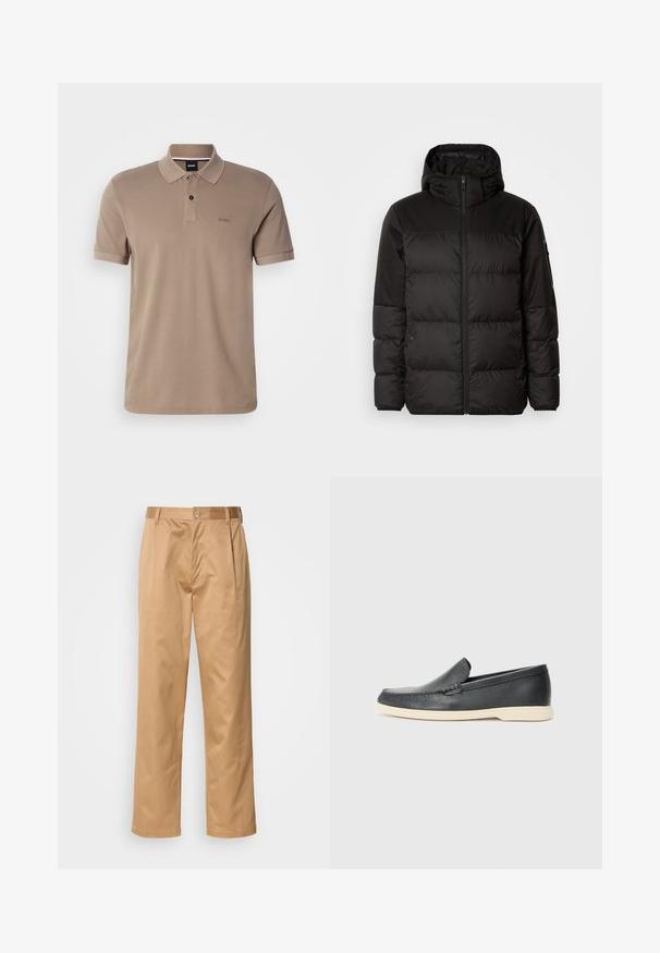 Μαύρο μπουφάν με φερμουάρ, κουκούλα, παραγεμισμένα τμήματα και ελαστικές μανσέτες, κατασκευασμένο από λείο, αδιάβροχο υλικό.; Μπεζ πόλο μπλούζα κοντομάνικη με γιακά, δύο κουμπιά και λογότυπο "BOSS" κεντημένο στο αριστερό στήθος.; Χακί παντελόνι, σε σύνθεση βαμβακιού, ευθεία γραμμή, εμπρόσθιες πτυχές, θηλιές ζώνης και κουμπί κλεισίματος. Λείο ύφασμα χωρίς σχέδια.; Μαύρες δερμάτινες loafers με σχέδιο και αντίθετη μπεζ καουτσούκ σόλα. Διαθέτουν μια διακριτική λεπτομέρεια κατά μήκος του εμπρός μέρους.