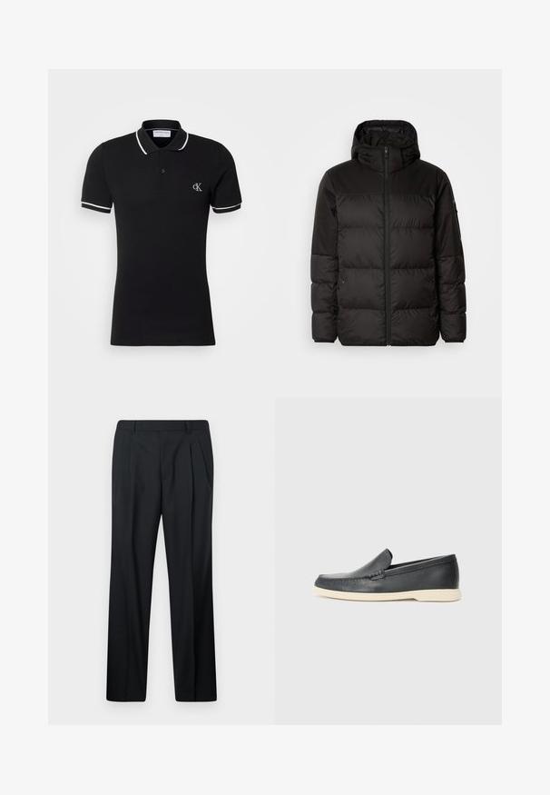A jaqueta puffer preta apresenta um fecho zip, um capuz, secções acolchoadas e punhos elásticos, confeccionada em um material liso e resistente à água.; Polo preto feito de algodão, com ligeira elasticidade, com colarinho e acabamento das mangas brancos, e um pequeno logotipo no peito.; Calças pretas com pregas, feitas de tecido liso. Apresentam corte direito, cós com passantes e sem bolsos. Design simples.; Mocassins pretos em couro com acabamento texturizado e sola de borracha bege em contraste. Apresenta um detalhe subtil na parte da frente.