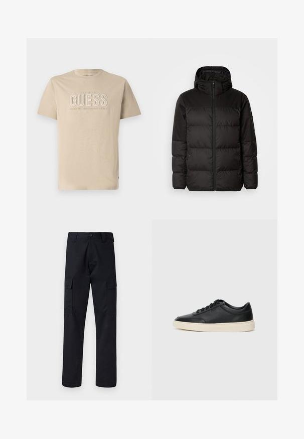 Svart puffjacka med blixtlås, huva, quiltade sektioner och elastiska mudd, tillverkad av ett slätt, vattentåligt material.; Beige bomullströja med rund hals, med präglad "GUESS"-logotyp och texten "CLASSIC AMERICAN STYLE" i en ljusare färg. Kort ärm.; Svarta cargobyxor gjorda av ett slitstarkt tyg, med rak benstump, två sidofickor och knappstängning i midjan.; Svart låg skor i läder med svarta snören och off-white sula, visas i sidoprofil på vit bakgrund.