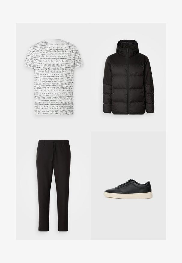 A jaqueta puffer preta apresenta um fecho zip, um capuz, secções acolchoadas e punhos elásticos, confeccionada em um material liso e resistente à água.; T-shirt de manga curta branca com decote redondo, contendo texto repetido em preto "KARL LAGERFELD" e padrão de assinatura por todo o tecido.; Calças de jogging pretas feitas de tecido liso. Apresentam uma cintura elástica com cordão, pernas ligeiramente ajustadas e sem bolsos visíveis. Design simples.; Sapatilha preta de cano baixo em pele com atacadores pretos e sola off-white, apresentada em perfil lateral sobre fundo branco.