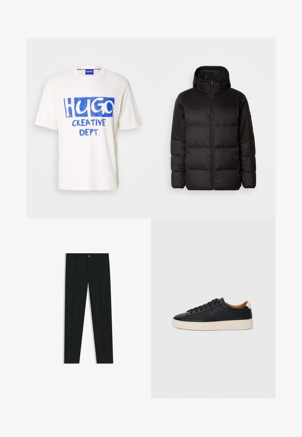 La chaqueta acolchada negra tiene un cierre de cremallera, capucha, secciones acolchadas y puños elásticos, hecha de un material suave y resistente al agua.; Camiseta de algodón blanca con texto gráfico azul "HUGO" y "CREATIVE DEPT." en el frente, mangas cortas y cuello redondo.; Pantalones de vestir negros con un diseño de pierna recta, hechos de una tela suave. Cuentan con un cierre frontal de botón y lazos para cinturón. Liso, sin patrones.; Zapatillas negras de cuero con una textura suave, suela de goma beige, diseño de cordones y un acento en el talón de color contrastante.
