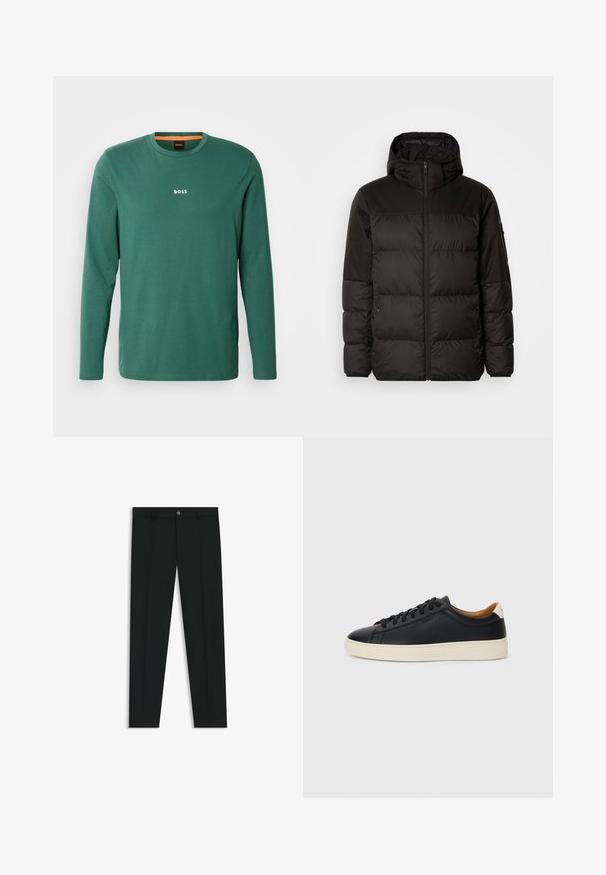 Zwarte pufferjas met ritsluiting, een capuchon, gequiltte secties en elastische manchetten, gemaakt van een glad, waterafstotend materiaal.; Groen T-shirt met lange mouwen van katoen, met een ronde hals, voorzien van een witte "BOSS"-logo op de borst en een oranje decoratie aan de binnenkant van de hals.; Zwarte dresspants met een recht pasvorm, gemaakt van een gladde stof. Heeft een sluiting met een knoop aan de voorkant en ceintuurlussen. Effen zonder patronen.; Zwarte leren sneakers met een gladde textuur, beige rubberen zool, vetersluiting en een contrasterende hielaccent.
