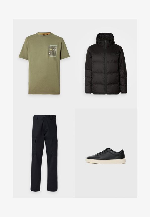 Čierna prešívaná bunda má zips, kapucňu, prešívané sekcie a elastické manžety, vyrobená z hladkého, vodeodolného materiálu.; Olivovo zelené bavlnené tričko s okrúhlym výstrihom a krátkymi rukávmi. Obsahuje vrecko so grafickým potlačou v čiernej, žltej a bielej farbe.; Čierne cargo nohavice vyrobené z odolnej tkaniny, s rovnými nohavicami, dvoma bočnými vreckami a zapínaním na gombík v páse.; Čierne nízkoprevádzkové kožené tenisky s čiernymi šnúrkami a krémovou podrážkou zobrazené v bočnom profile na bielom pozadí.