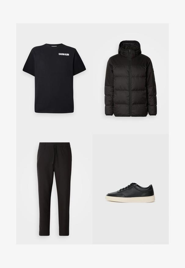 Melna pūkainā jakā iezīmes ir rāvējslēdzēja aizdare, kapuce, kvadrātveida šuves un elastīgas aproces, izgatavota no gludas, ūdensizturīgas vielas.; Melns kokvilnas T-krekls ar apaļu kaklu, īsām piedurknēm un balto "CALVIN KLEIN" zīmolu, kas drukāts augšējā kreisajā pusē.; Melnas sporta bikses no gludas auduma. Tām ir elastīga josta ar auklu, sašaurinātas kājas un nav redzamu kabatu. Vienkāršs dizains.; Melnas zemas ādas sporta kurpes ar melnām auklām un off-white zoli, rādītas no sānu profila uz baltā fona.