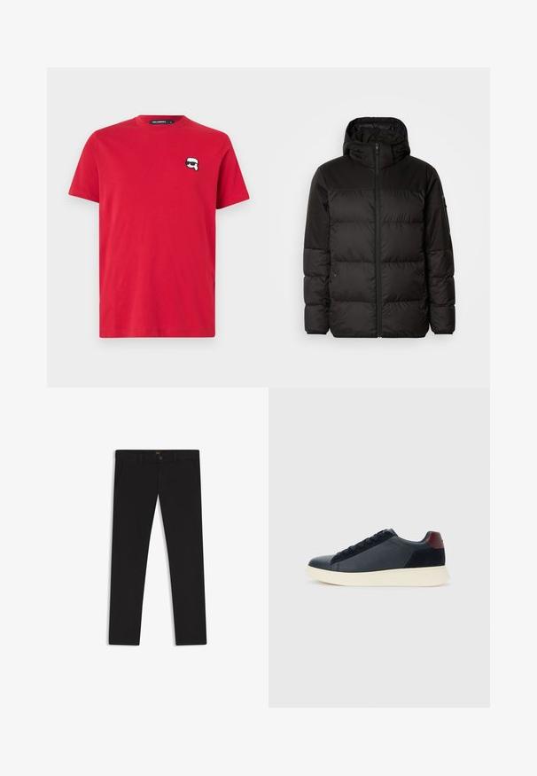 Black puffer jacket features a zip closure, a hood, quilted sections, and elastic cuffs, made from a smooth, water-resistant material.; Red cotton T-shirt with a crew neck, featuring a small black and white cartoon face logo on the left chest. Short sleeves, regular fit.; Black trousers made of fabric with a smooth texture. Features a button closure, belt loops, and side pockets. Standard straight-leg design.; Low-top men's sneaker in black leather and suede with maroon heel tab and white rubber sole, viewed from the outer side.