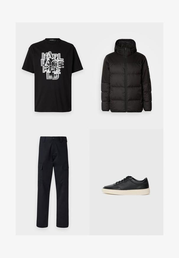 Črna zimska jakna ima zadrgo, kapuco, prešite odseke in elastične manšete, izdelana je iz gladkega, vodoodpornega materiala.; Črna bombažna majica s poudarjeno, plastehnico belo tipografijo, ki črkuje "KARL LAGERFELD", s klasičnim okroglim izrezom in kratkimi rokavi.; Črne cargo hlače iz trpežnega blaga, z ravnim krojem, dvema stranskima žepoma in gumbom za zapiranje na pasu.; Črne nizke usnjene teniske s črnimi vezalkami in svetlo belo podplatom, prikazane v stranskem profilu na beli podlagi.