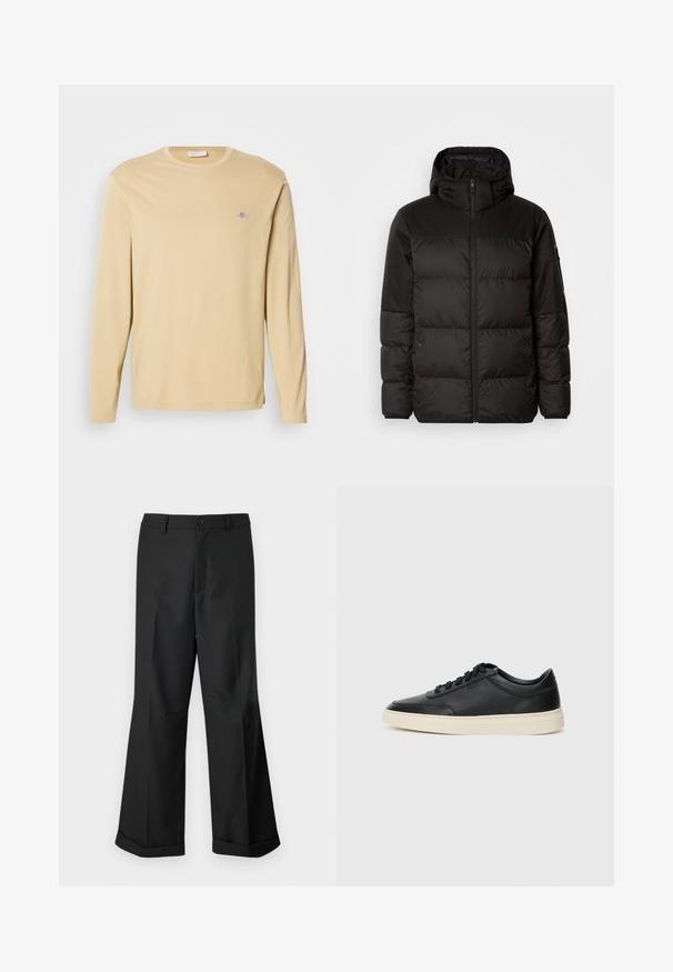 Crna puf jakna ima zatvaranje na zip, kapuljaču, kviltane dijelove i elastične manžete, izrađena je od glatkog, vodootpornog materijala.; Bež majica dugih rukava s okruglim izrezom, s malim izvezenim logotipom na gornjem lijevom prsnom dijelu, prikazana na običnoj bijeloj pozadini.; Crne široke hlače s pojasom na dugmi i manžetama, prikazane na jednostavnoj bijeloj pozadini.; Crne niske kožne tenisice s crnim vezicama i kremasto bijelom potplatom prikazane u bočnom profilu na bijeloj pozadini.
