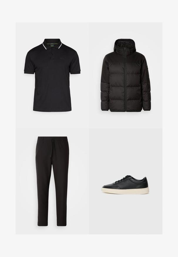 Zwarte pufferjas met ritsluiting, een capuchon, gequiltte secties en elastische manchetten, gemaakt van een glad, waterafstotend materiaal.; Zwart slim-fit polo shirt met korte mouwen, een twee-knopenplacket, witte streep op de rand van de kraag en een subtiel reliëf "BOSS" logo op de borst.; Zwarte joggingsbroek van gladde stof. Kenmerkt zich door een elastische tailleband met een trekkoord, taps toelopende benen en geen zichtbare zakken. Eenvoudig ontwerp.; Zwarte leren sneaker met lage schacht, zwarte veters en off-white zool, weergegeven in zijprofiel op een witte achtergrond.