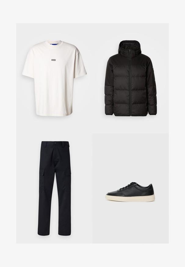 Juodas pūkinis švarkas turi užtrauktuką, gobtuvą, siūlinčius skyrius ir elastinius rankogalius, pagamintas iš lygaus, vandeniui atsparaus medžiagos.; Balta medvilnės marškinėliai su apvalia iškirpte ir trumpomis rankovėmis, ant krūtinės turi mažą juodą stačiakampio formos logotipą su užrašu "HUGO".; Juodi cargo kelnės, pagamintos iš tvirto audinio, su tiesiu kirpimu, dviem šoninėmis kišenėmis ir mygtukiniu užsegimu juosmenyje.; Juoda žema viršutinė odinė sportbačiai su juodais raišteliais ir kreminiu padu, pateikti šoniniame profilyje ant baltos fono.