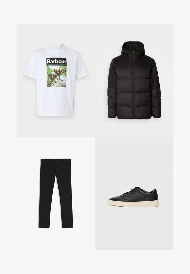 Czarna kurtka puchowa z zapięciem na zamek, kapturem, pikowanymi sekcjami i elastycznymi mankietami, wykonana z gładkiego, wodoodpornego materiału.; Biała bawełniana koszulka z kolorowym nadrukiem graficznym z napisem "Barbour" oraz sceną na świeżym powietrzu przedstawiającą ludzi nad rzeką.; Czarne spodnie uszyte z materiału o gładkiej teksturze. Posiadają zapięcie na guzik, szlufki na pasek oraz boczne kieszenie. Standardowy krój prostych nogawek.; Czarne niskie skórzane sneakersy z czarnymi sznurówkami i off-white podeszwą, prezentowane w profilu bocznym na białym tle.