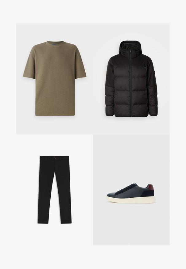 Black puffer jacket features a zip closure, a hood, quilted sections, and elastic cuffs, made from a smooth, water-resistant material.; Khaki ribbed short-sleeve t-shirt with a crew neck, featuring a relaxed fit and soft texture, suitable for casual wear.; Black trousers made of fabric with a smooth texture. Features a button closure, belt loops, and side pockets. Standard straight-leg design.; Low-top men's sneaker in black leather and suede with maroon heel tab and white rubber sole, viewed from the outer side.