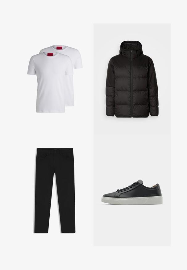 Black puffer jacket features a zip closure, a hood, quilted sections, and elastic cuffs, made from a smooth, water-resistant material.; Two plain white crew neck t-shirts, short sleeve, made of cotton, featuring a red HUGO tag at the neckline. No patterns or graphics.; Black denim trousers with a straight cut, featuring a standard waistband, five pockets, and a button closure. Smooth texture throughout.; Black leather sneaker with a smooth texture, round toe, and black laces. Features a thick, white rubber sole with subtle geometric accents.