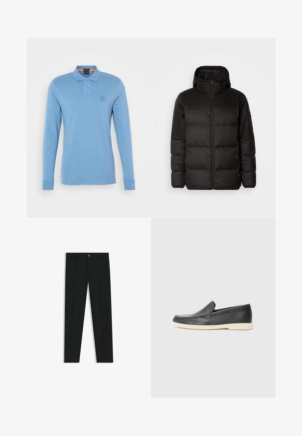 Schwarze Pufferjacke mit Reißverschluss, Kapuze, gesteppten Abschnitten und elastischen Bündchen, hergestellt aus einem glatten, wasserabweisenden Material.; Langärmliges Polohemd in Hellblau, aus weichem Material, mit Kragen, Drei-Knopf-Leiste und einem kleinen Logo auf der Brust.; Schwarze Anzughosen mit geradem Bein, aus glattem Stoff. Mit Knopfverschluss vorne und Gürtelschlaufen. Schlicht ohne Muster.; Schwarze Leder-Slipper mit strukturiertem Finish und einer kontrastierenden beige Gummisohle. Mit einem dezenten Akzent an der Vorderseite.