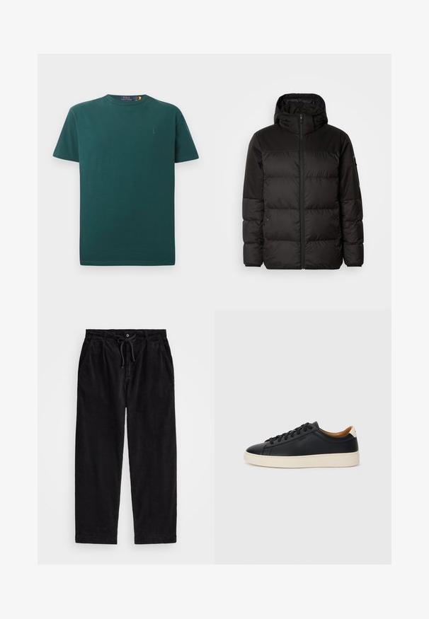 Černá péřová bunda má zipový uzávěr, kapuci, prošívané části a elastické manžety, vyrobená z hladkého, voděodolného materiálu.; Tmavě zelené bavlněné tričko s kulatým výstřihem a krátkými rukávy. Obsahuje malé vyšívané logo na levé straně hrudi. Hladká textura, klasický střih.; Černé kordové kalhoty s volným střihem, vybavené elastickým pasem se šňůrkou a bočními kapsami. Tkanina má jemně rýhovanou strukturu.; Černé kožené tenisky s hladkým povrchem, béžovou gumovou podešví, šněrovacím designem a kontrastním akcentem na patě.